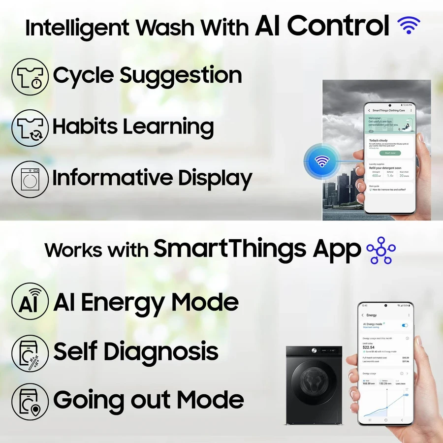 Samsung WW12DG6B24ABIM 12Kg Front Load Washing Machine | AI Control | QuickDrive™ | Super Speed 39min | WiFi SmartThings | Full Black