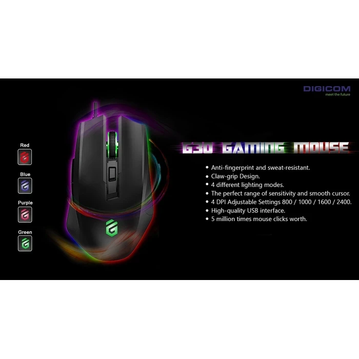 Digicom Wired Gaming Mouse | RGB Color Blinking Logic | 4000 DPI Precision Matrix | 6-Key Gaming Chassis | DG-G30