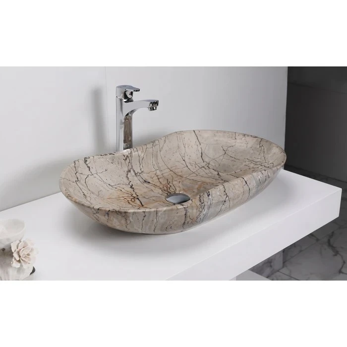 Toyo Camel-165 Ceramic Countertop Art Basin 16"x26" | Light Gray Marble Glossy Premium Finish | Stain Resistant Easy to Clean Bathroom Wash Basin | 655x410x120mm