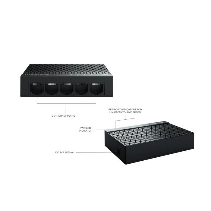 Digicom Fast Ethernet Desktop Switch | Auto MDI/MDIX & Full Duplex Logic | Plug-and-Play Network System | 5 Port ( DG-5105C) / 8 Port (DG-5108C)
