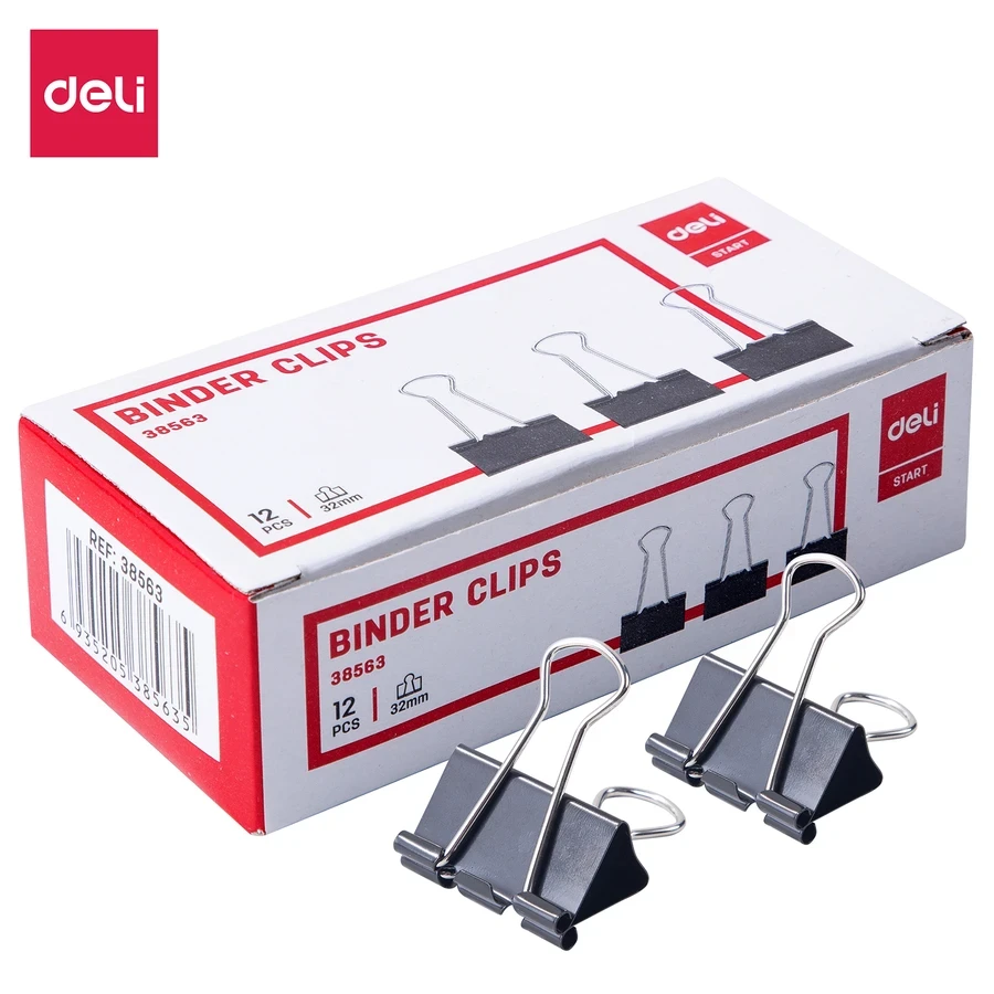 Deli 32mm (1 1/4") Modern Spring Steel Binder Clips (12-Piece Pack) | Heavy-Duty Fully Coated Metal Paper Clamps with Foldable Handles (Black) | E38563