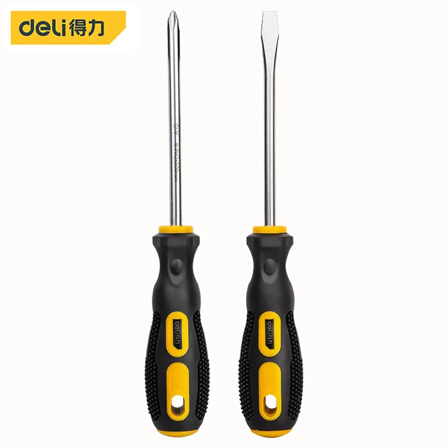 Deli 2-Piece Essential Screwdriver Set (Slotted & Phillips PH2 × 100mm) | Magnetic Black Oxide Tips with High-Visibility Ergonomic Yellow Handles (Yellow/Black) | EDL260002B