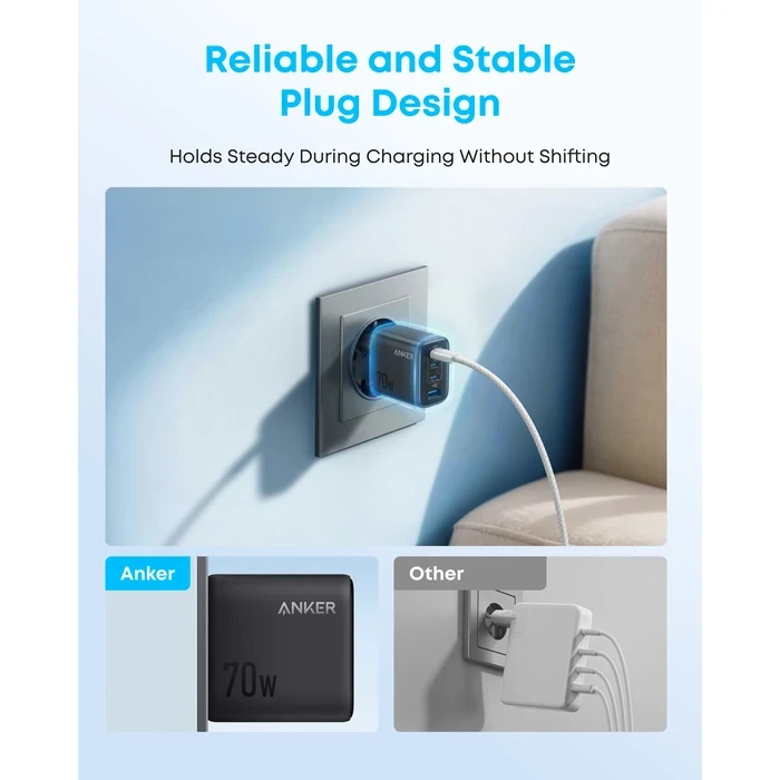 Anker Zolo 70W 4-Port GaN Fast Wall Charger (3x USB-C, 1x USB-A) | PD 3.0 Multi-Device Foldable Power Adapter in Black / White