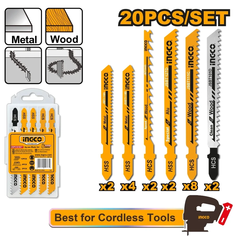 Professional Jig Saw Blade Set | 20-Piece Multi-Material Kit for Wood, Metal & Aluminum with Universal T-Shank | JSBT2001