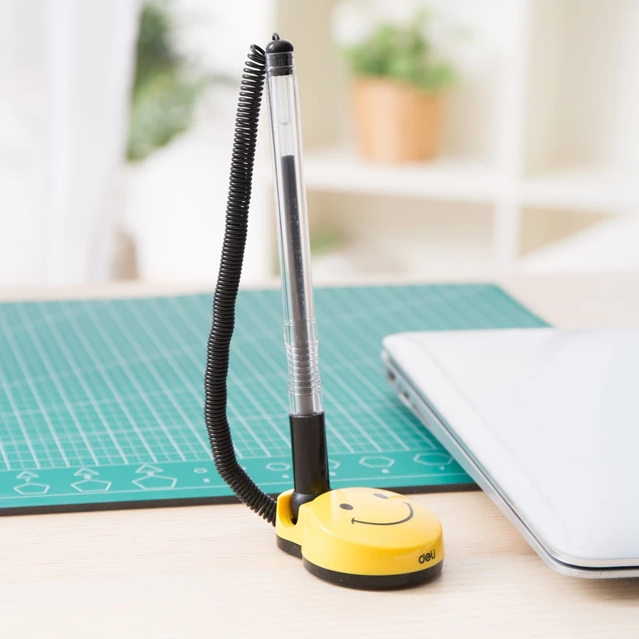 Deli Countertop Desk Pen Stand with Tethered Black Pen | Weighted Adhesive Base, 0.5mm Fine Bullet Tip for Reception & Banking Counters | E6793