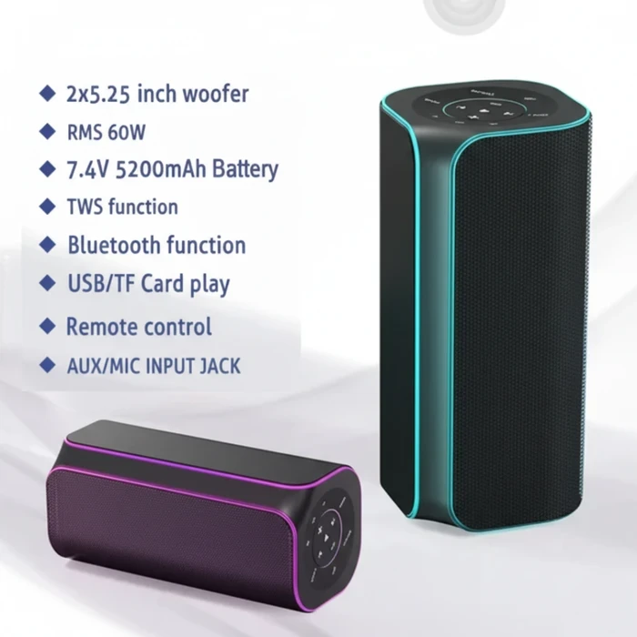 Yasuda 5.25"x2 Dual Woofer Portable Bluetooth Speaker | 5200mAh Lithium Battery Dynamic LED Light Audio | USB TF Card Remote Control Speaker | YS-5TF2