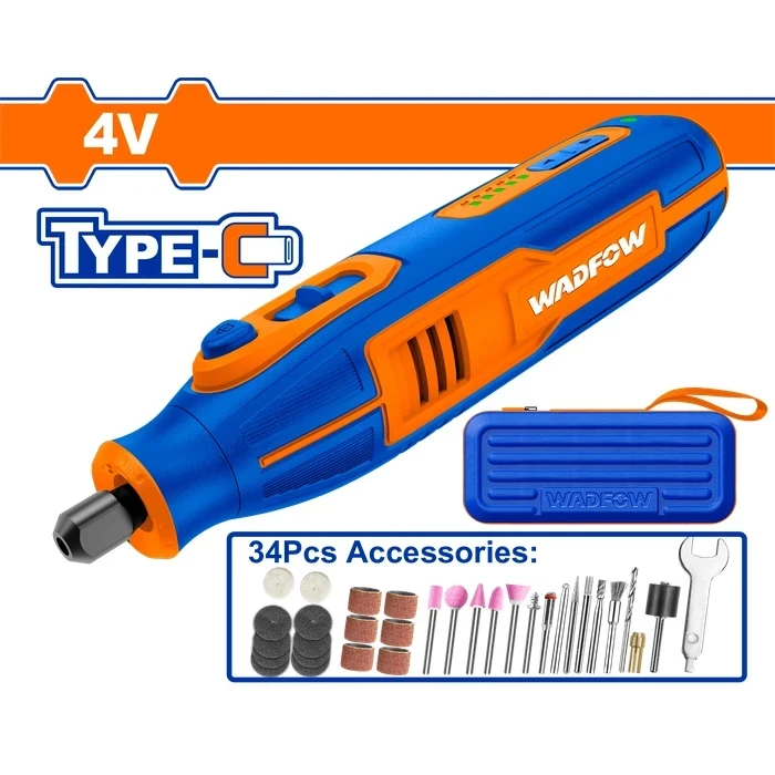Wadfow 4V Cordless Precision Mini Rotary Grinder | 5000-25000RPM Variable Speed Electric Engraving Pen | 3.2mm Collet with 34 Pcs Accessories | WRYP1504