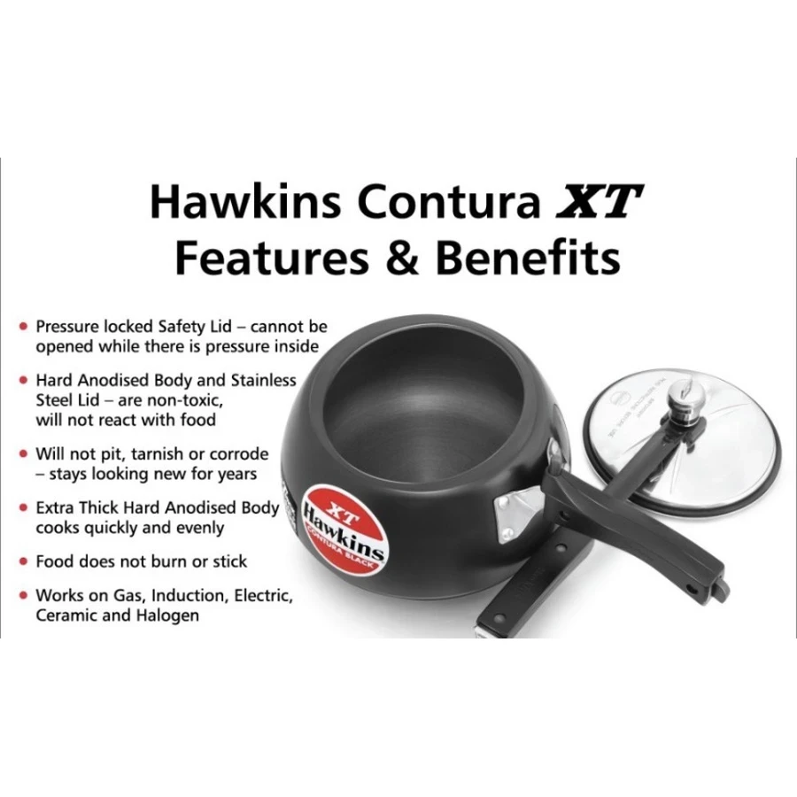 Hawkins CXT20 2L Contura Black XT Pressure Cooker | Hard Anodised Body | Induction Base | Stainless Steel Lid | Black