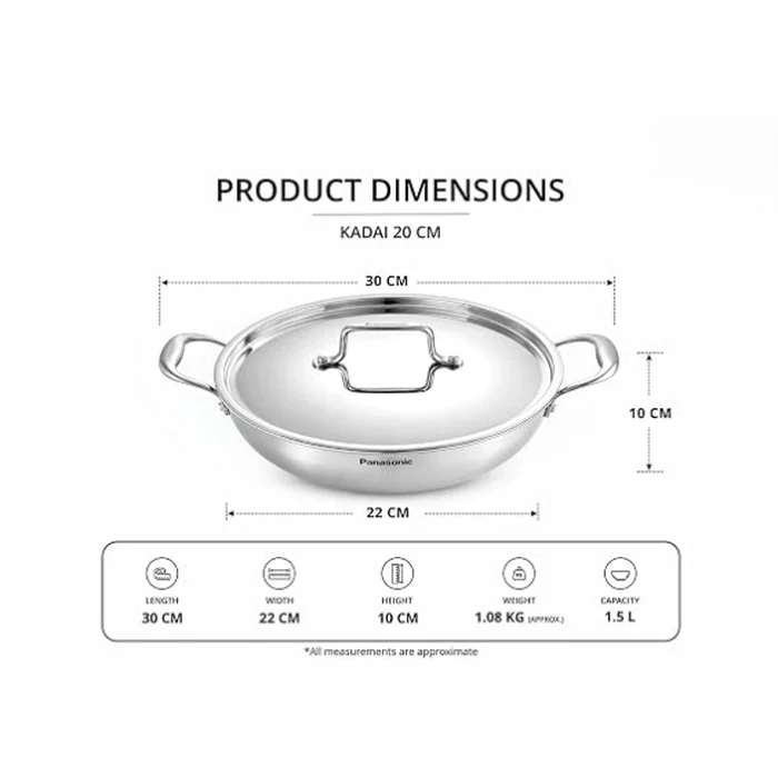 Panasonic Triply Stainless Steel Induction Base Kadai with Stainless Steel Lid (1.5L to 4.8L / 20cm to 30cm) | Fast Uniform Heating Multi-Cooktop Compatible - ND-KA Series