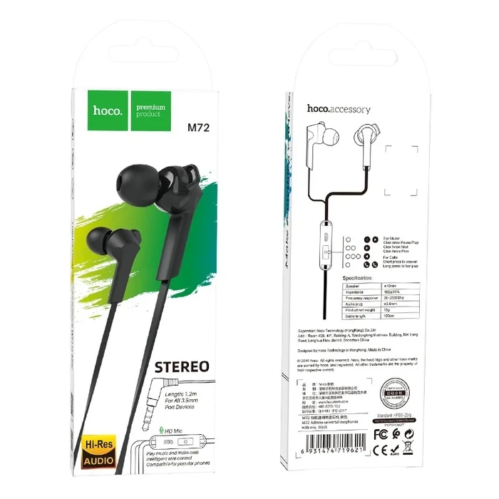 HOCO ADMIRE Universal Wired Earphone with Mic | 10mm Driver | Black, Blue, White Finish | M72