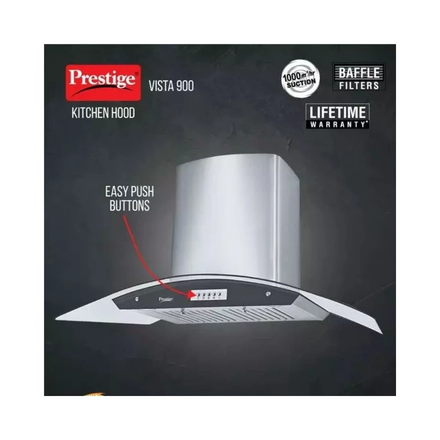 Prestige Vista 900 Kitchen Hood Chimney (90 cm / 1000 m³/hr) | Curved Tempered Glass & Stainless Steel 3-Speed Wall Mount Hood - Model 41819