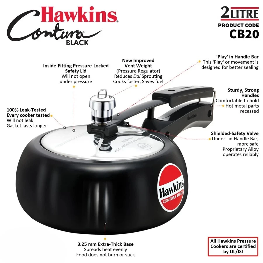 Hawkins Contura Black Pressure Cooker | Hard Anodised Body | Stainless Steel Lid | Rapid Heating Black Base | 1.5L to 5L