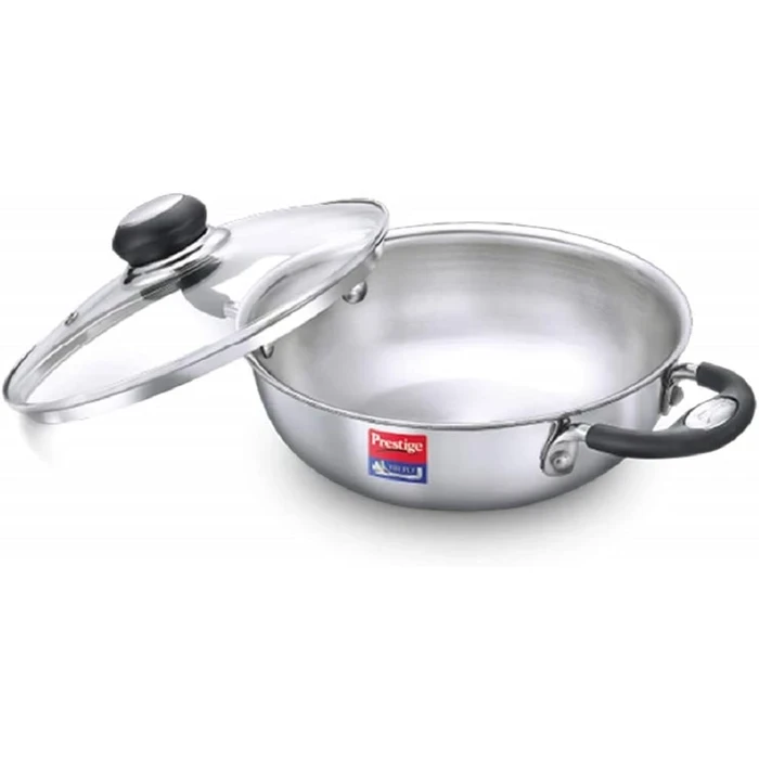 Prestige Triply Splendor Stainless Steel Induction Base Kadai with Tempered Glass Lid (24 CM / 2.7L & 26 CM / 3.25L) | 3-Layer Composite Cookware - Model 37424 / 37425