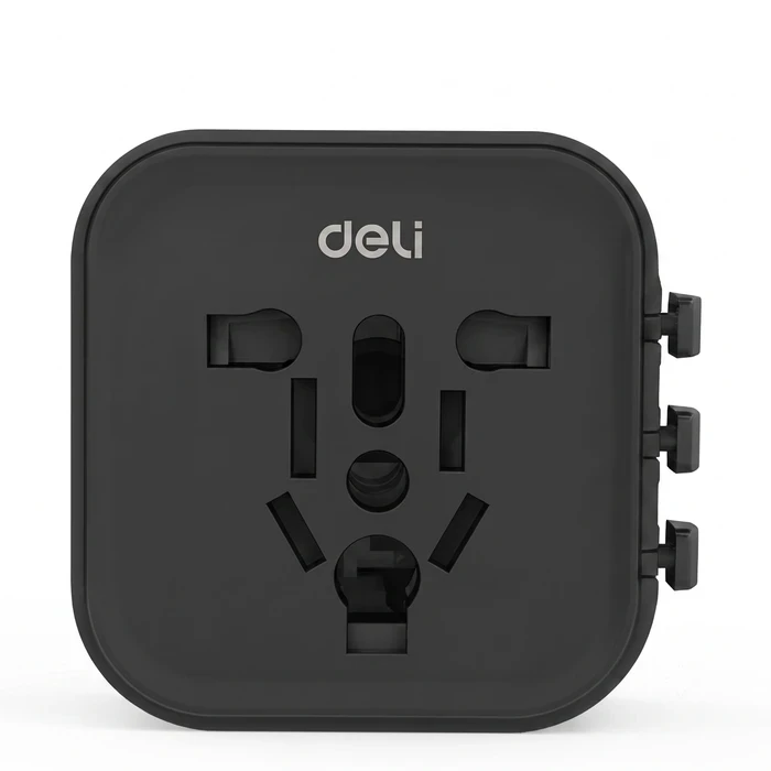 Deli ET765 Universal All-in-One Travel Adapter | Worldwide EU/UK/US/AU Multi-Plug Converter with 6A Safety Fuse & 750°C Fireproof Casing | Deli ET765
