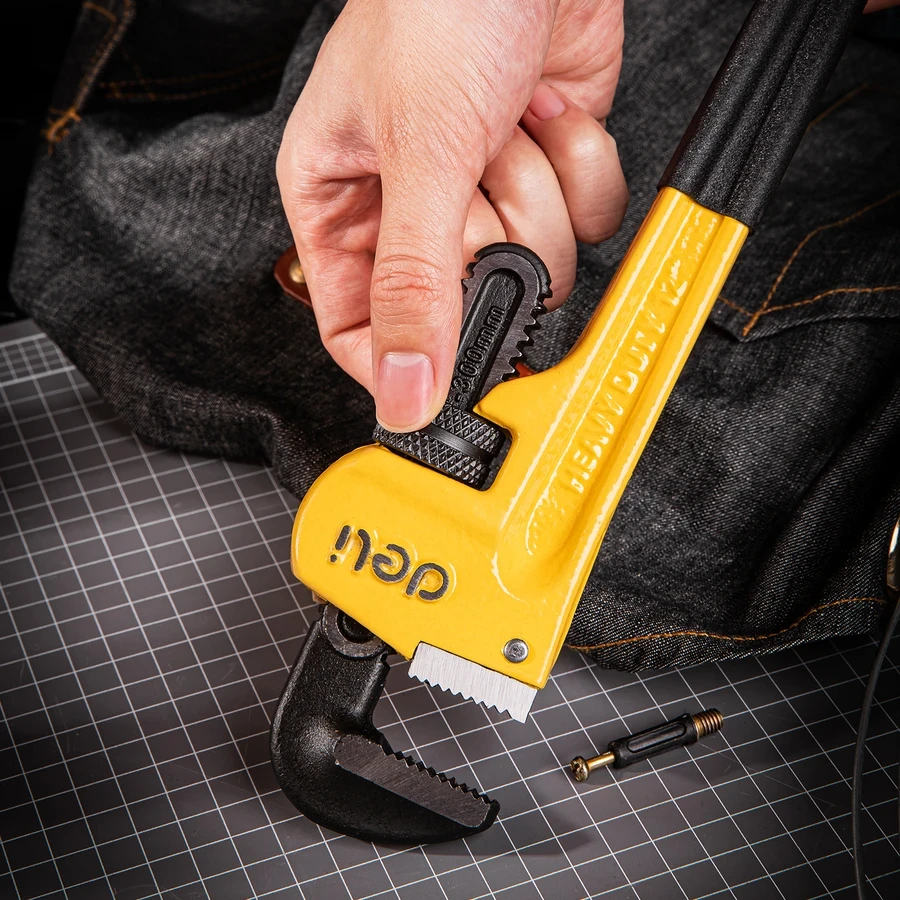 Deli 12" Professional Ductile Cast Iron Industrial Pipe Wrench | Heavy-Duty High-Hardness Plumbing Wrench with Precision Worm Gear & Anti-Slip Grip | EDL2512 (Yellow/Black)