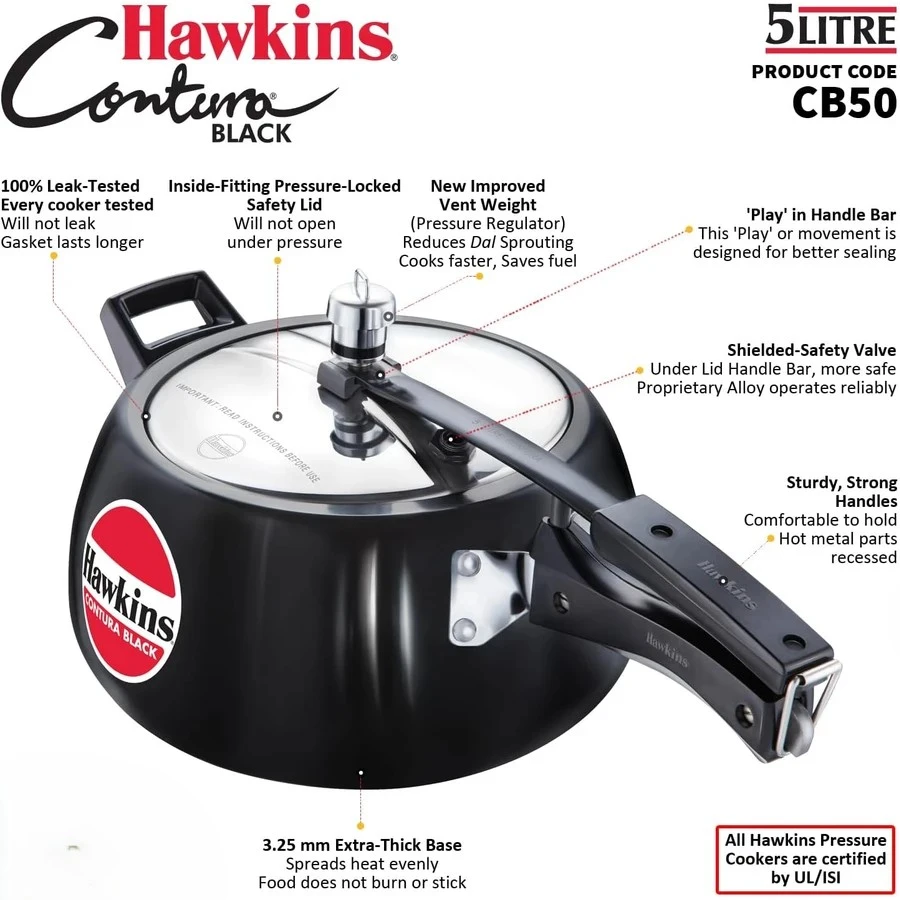 Hawkins Contura Black Pressure Cooker | Hard Anodised Body | Stainless Steel Lid | Rapid Heating Black Base | 1.5L to 5L