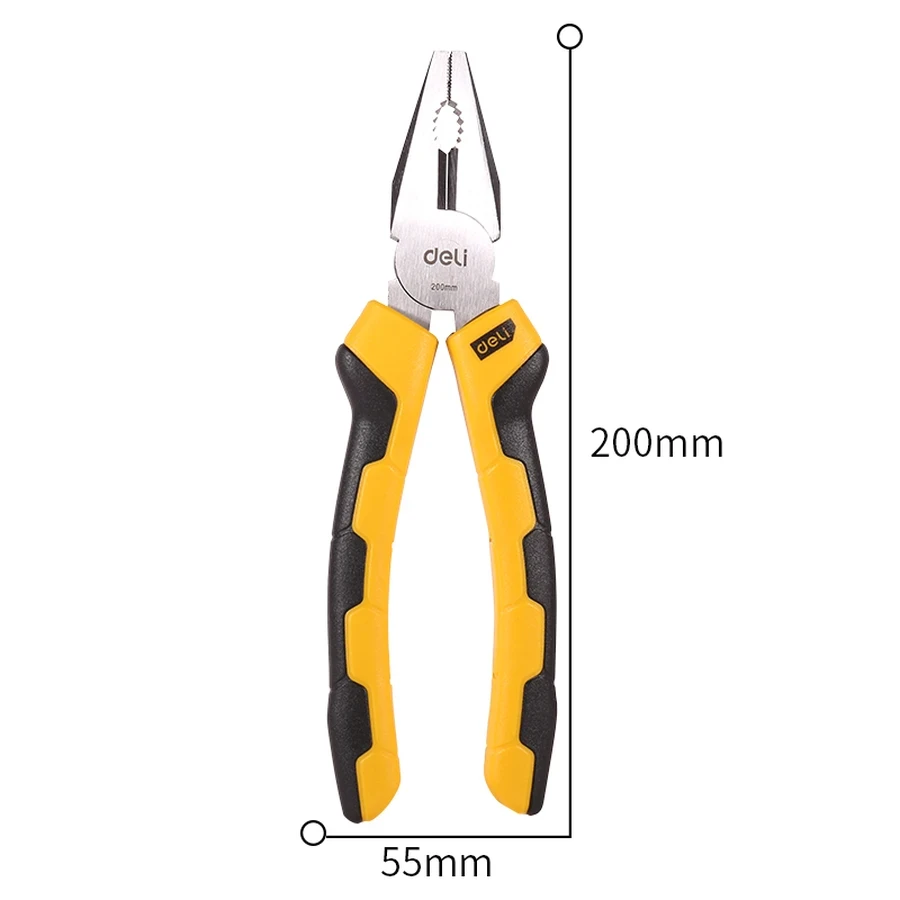 Deli 8" Professional Forged 55# Carbon Steel Combination Pliers | Heavy-Duty 54-62 HRC Cutting Edge Lineman's Pliers with Dual-Color PVC Grip | EDL2008 (Yellow/Black)