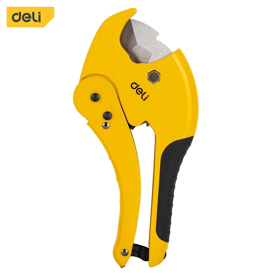 Deli 42mm Professional Ratchet Pipe Cutter | Heavy-Duty 3Cr13 Stainless Steel Rust-Proof Blade PVC/PPR Shears with Aluminum Alloy Body | EDL2507 (Yellow)