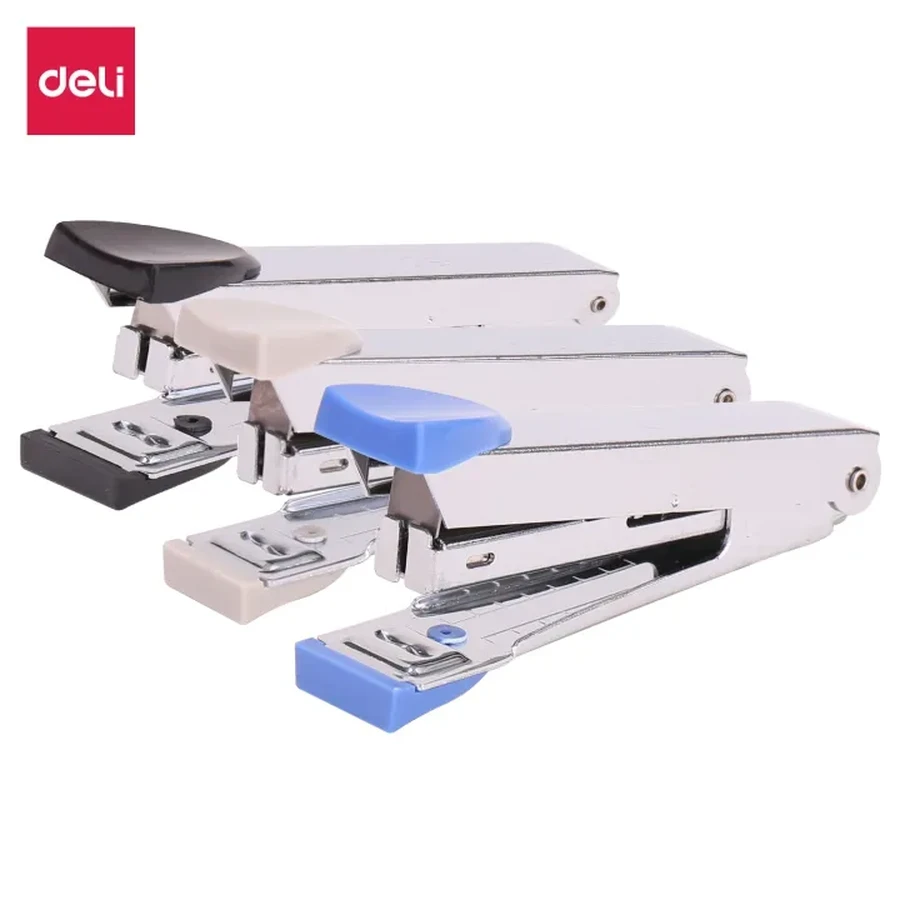 Deli 15-Sheet Desktop Stapler (No. 10 Staples, 50-Pin Load) | Chrome Metal Body with Integrated Remover (Blue, Black, Grey) | E0224