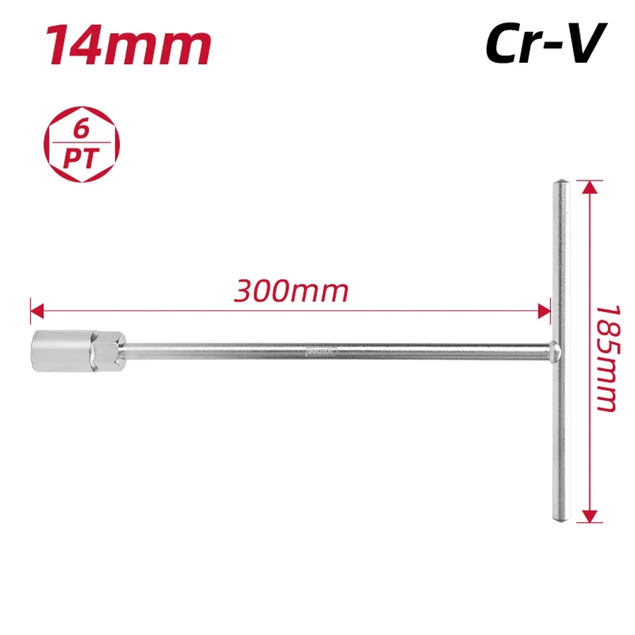 Deli 14mm T-Handle Socket Wrench | Heavy-Duty Chrome Vanadium (Cr-V) Steel 6-Point High-Leverage Deep Reach Mechanics Spanner (Silver) | EDL14