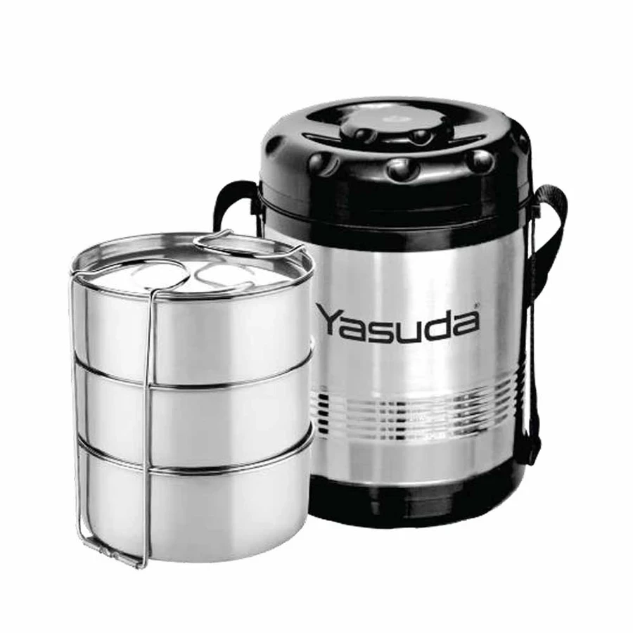 Yasuda Sleek Insulated Thermal Lunch Box | 3 Food-Grade Stainless Steel 300ml Containers | Airtight Spill-Proof Lids & Carrying Handle | YS-LB3S SLEEK