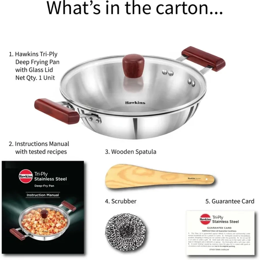 Hawkins SSD25G 2.5L Tri-Ply Stainless Steel Deep Fry Pan (Kadhai) with Glass Lid | 26 cm | Rosewood Handles | Induction & Gas Compatible