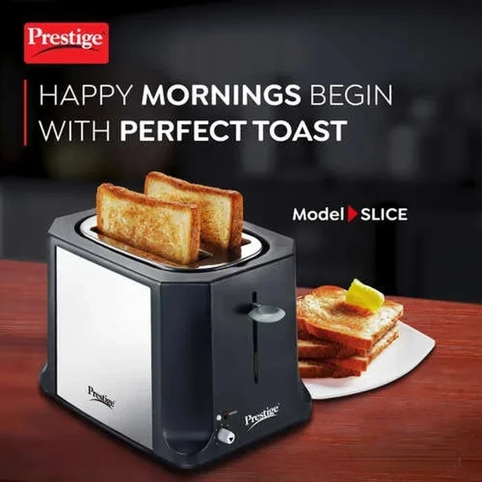 Prestige Slice 750W 2-Slice Pop-Up Toaster with Stainless Steel Finish | Compact Automatic Electric Bread Toaster - Model 41715