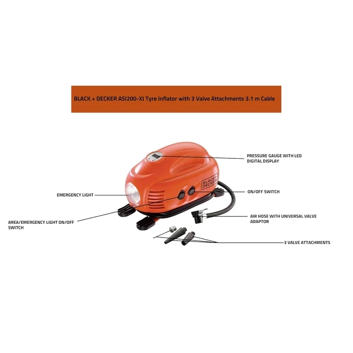 BLACK+DECKER 12V Multi-Purpose Digital Air Inflator | 8.27 Bar (120 PSI) Auto Shut-Off Portable Car & Bike Tire Pump | ASI200-XJ