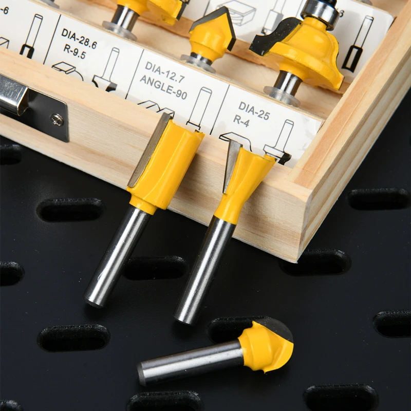 Deli 12-Piece Professional 6mm Shank TCT Woodworking Router Bits Set | Comprehensive Edge Profiling Kit with Straight, Chamfer, Round Over & V-Groove Bits in Wooden Case (Yellow) | EDH-MXD006-EH1