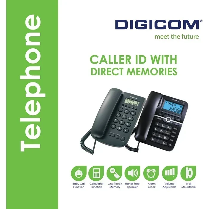 Digicom -DG-G21 Caller ID Landline Telephone with 12-Digit LCD Display | FSK/DTMF Dual System Compatible | 35 Incoming Memory Hands-Free Loudspeaker Desk & Wall Mountable