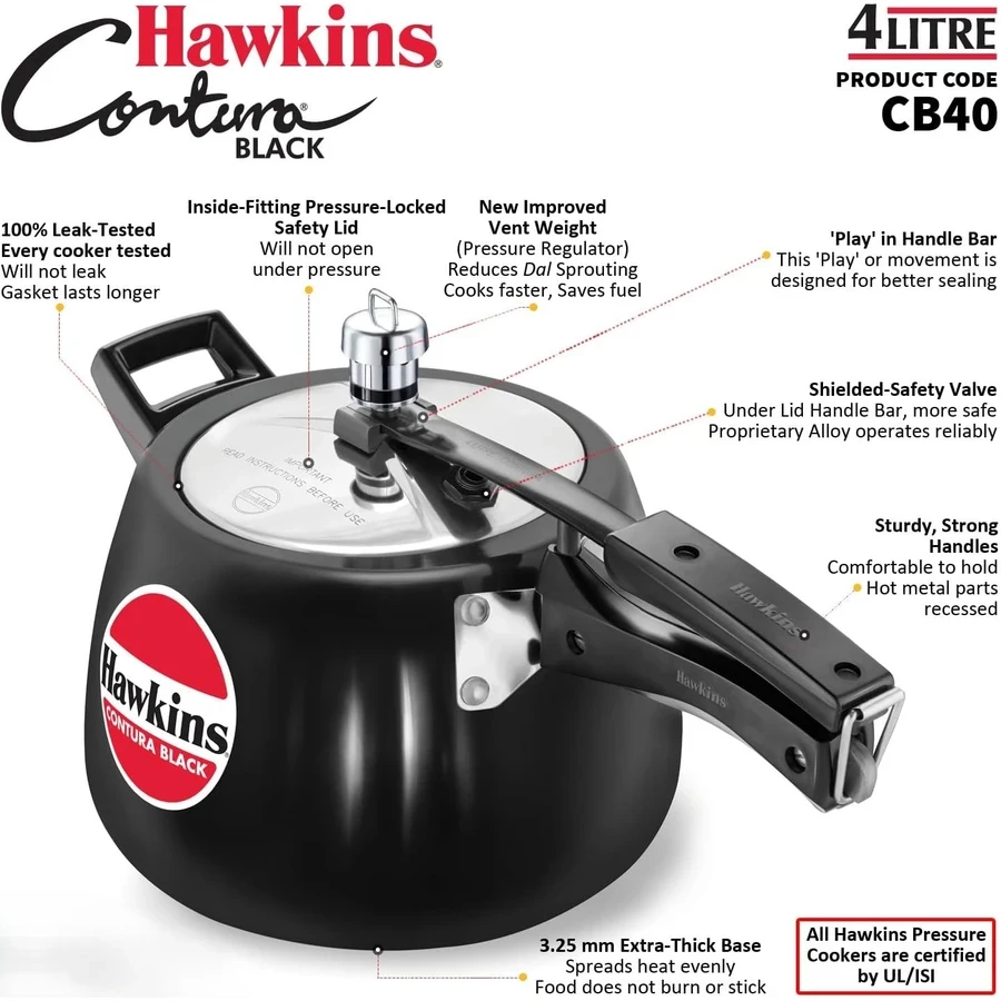 Hawkins Contura Black Pressure Cooker | Hard Anodised Body | Stainless Steel Lid | Rapid Heating Black Base | 1.5L to 5L