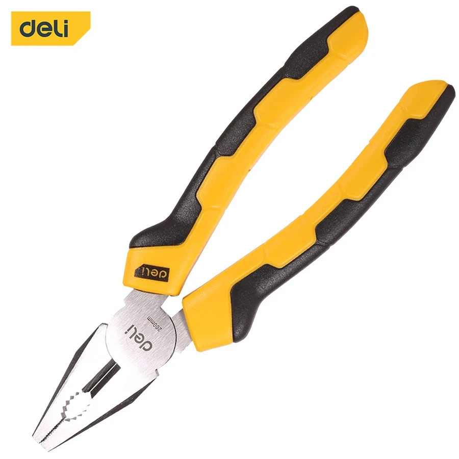 Deli 8" Professional Forged 55# Carbon Steel Combination Pliers | Heavy-Duty 54-62 HRC Cutting Edge Lineman's Pliers with Dual-Color PVC Grip | EDL2008 (Yellow/Black)