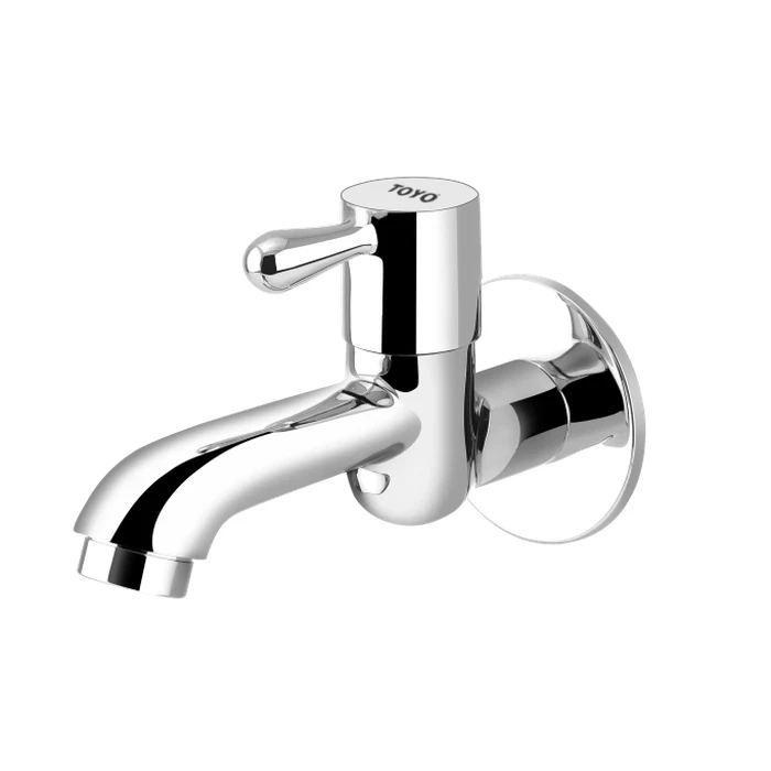 TOYO-BE-51602-L Premium Long Body Bib Cock - Extra Long | Solid Brass Wall-Mounted Utility Water Faucet with Custom Wall Flange and Mirror Chrome Finish