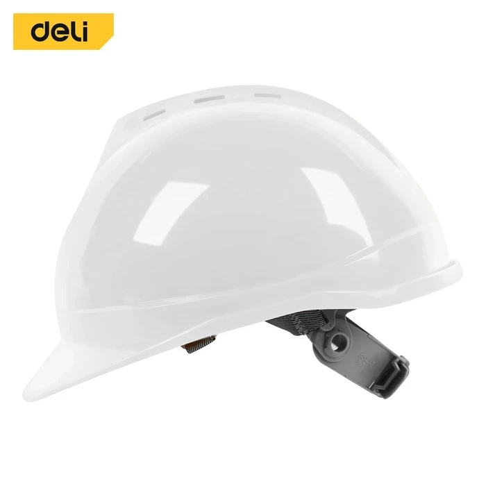 Deli Professional Vented PE Safety Helmet | White Industrial Hard Hat with 8-Point Suspension System, 52-64mm Adjustable Buckle & German Engineered Chin Strap | EDL525024
