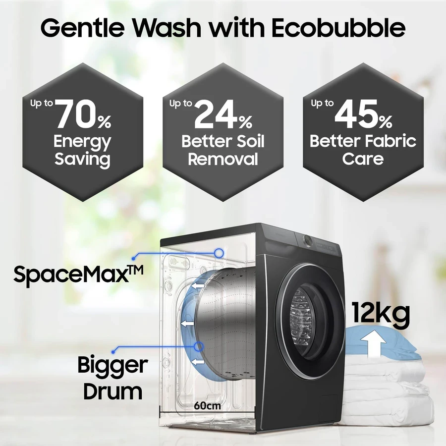 Samsung WW12DG6B24ABIM 12Kg Front Load Washing Machine | AI Control | QuickDrive™ | Super Speed 39min | WiFi SmartThings | Full Black