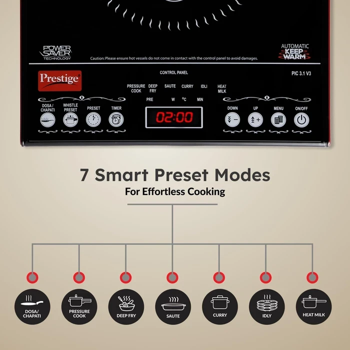 Prestige PIC 3.1 V3 2000W Induction Cooktop with Automatic Whistle Counter & Keep Warm Function | Touch Control Portable Countertop Stove - Model 41944