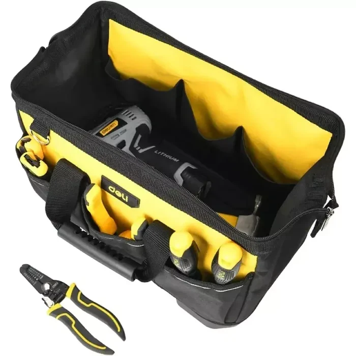 Deli 16-Inch Professional High-Density 600D Oxford Fabric Tool Bag | Heavy-Duty 13-Pocket Spacious Mechanical Storage Carrier with Reinforced Handles | EDL586120