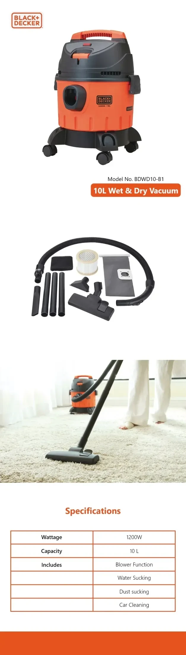 BLACK+DECKER 10-Litre 1200W Wet & Dry Vacuum Cleaner with Blower Function | 16 kPa Suction HEPA Filter & Multi-Floor Nozzles | WDBD10