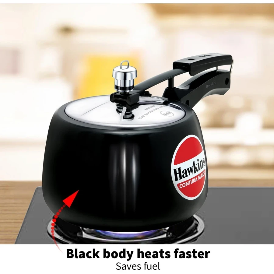 Hawkins Contura Black Pressure Cooker | Hard Anodised Body | Stainless Steel Lid | Rapid Heating Black Base | 1.5L to 5L