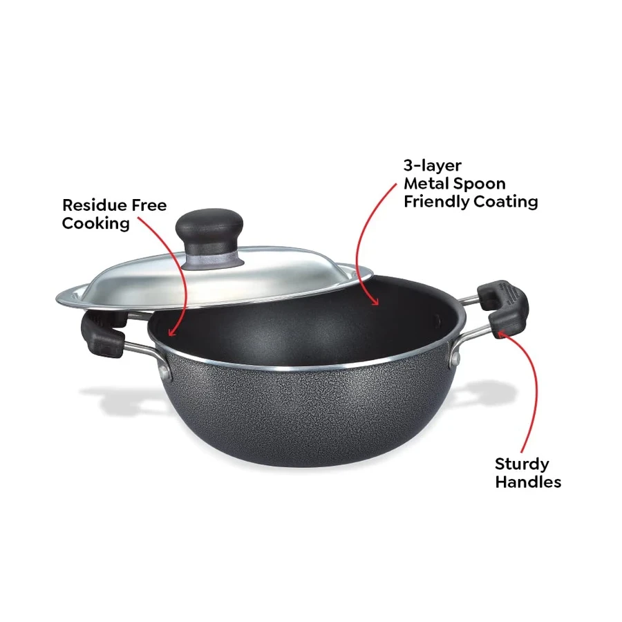 Prestige Omega Select Plus 200 mm Flat Base Non-Stick Kadai with Stainless Steel Lid | 3-Layer Metal Spoon Friendly PFOA-Free Deep Pan - Model 30730