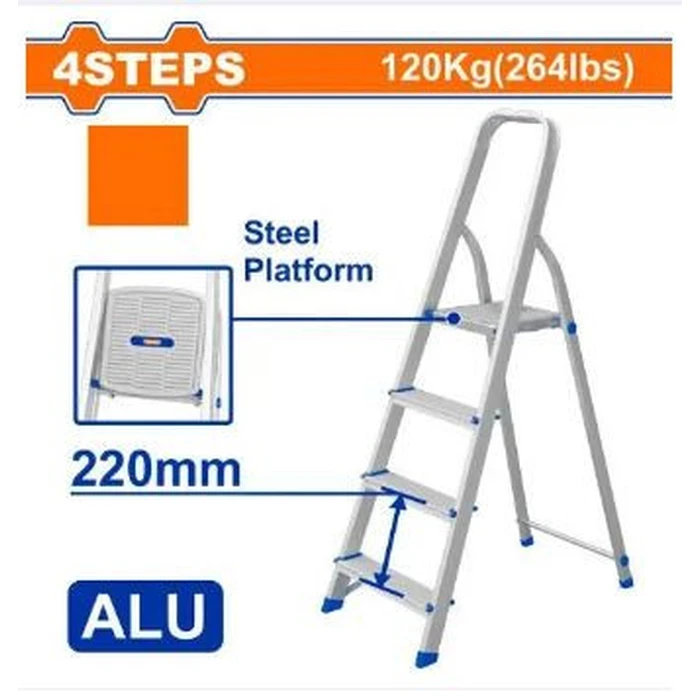 Wadfow Aluminum & Steel Household Folding Step Ladder with Top Steel Platform (120 Kg Max Load / 4, 5, 7, 8 Steps) - WLD3H05 Series