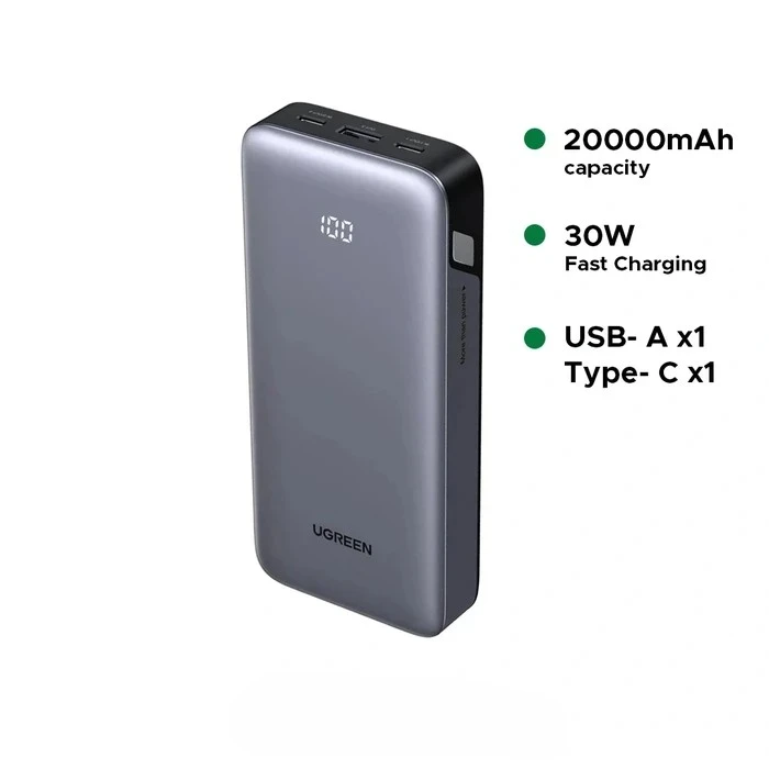 UGREEN 20000mAh 30W Two-Way Fast Charging Power Bank with Digital Display | 3-Port (2x USB-C + 1x USB-A) | PB532 (55989B)
