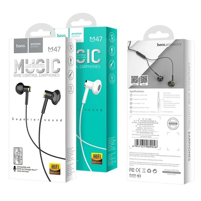 HOCO CANOROUS Universal Wired Earphone with Microphone | 15mm Driver | Black, White Finish | M47