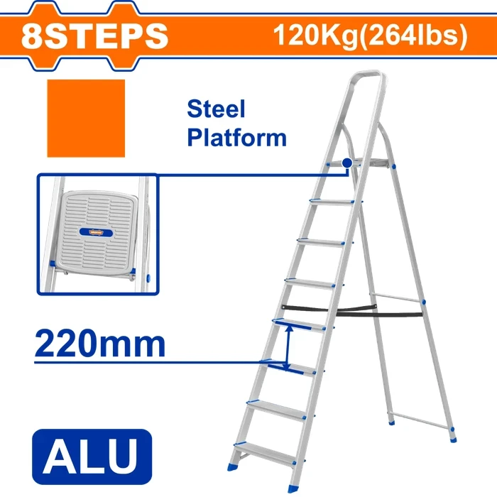Wadfow Aluminum & Steel Household Folding Step Ladder with Top Steel Platform (120 Kg Max Load / 4, 5, 7, 8 Steps) - WLD3H05 Series