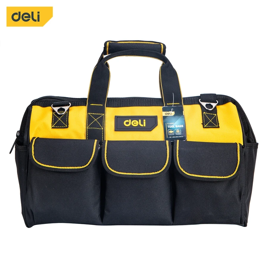 Deli 17.5" Heavy-Duty Professional Tool Bag | Abrasion-Resistant Oxford Cloth Wide-Mouth Organizer with Reinforced Steel Frame & Multifunctional Pockets (Yellow/Black) | EDL430117