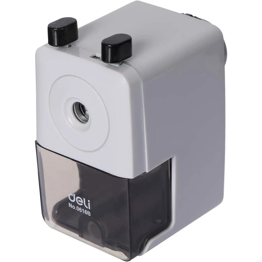 Deli Rotary Pencil Sharpener with Table Clamp | Heavy-Duty Helical Alloy Blade Manual Desktop Sharpener with Stable Table Mounting Bracket (Grey) | E0616B