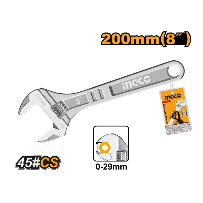 INGCO 8" / 200mm Professional Adjustable Wrench | Heavy-Duty Forged Steel Shifter Spanner with 0-24mm Wide Jaw Capacity & Precision Measurement Scale | HADW131082