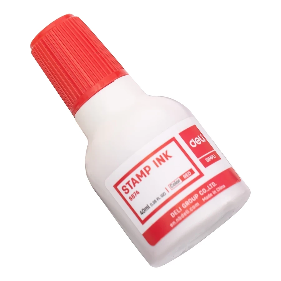 Deli Fast Dry Stamp Pad Refill Ink (40 ml, Red) | High-Quality Quick-Drying Stamping Ink in Poly Bottle | E9874