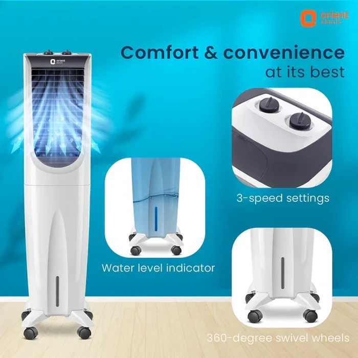Orient Ultimo Tower 55L Air Cooler | 160W Vertical Space-Saving Evaporative Blower | 1500 Cu.m./hr Air Delivery DenseNest Honeycomb Pads | CT5506H
