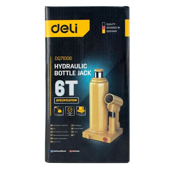 Deli Tools 6-Ton Hydraulic Bottle Jack | Heavy-Duty Welded Steel Auto Lift with Safety Valve (210mm - 420mm) | EDQ71006